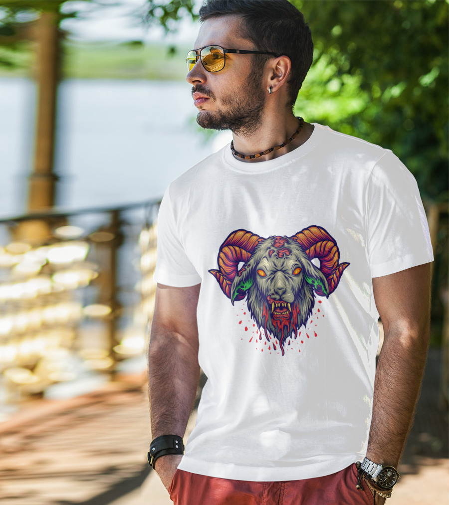Devil Head Horn Gothic Goat With Blood Splatter And Evil Eyes T-Shirt