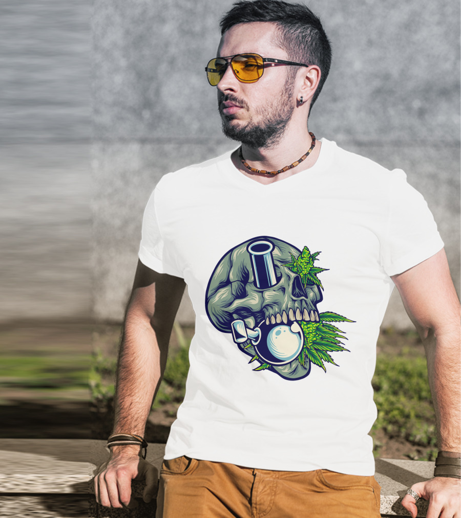 Stone Skull Cannabis Bong With Leaf Accents T-Shirt