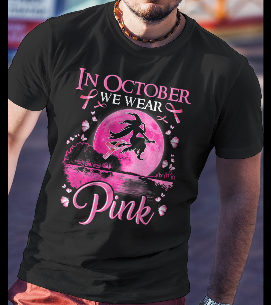 In October We Wear Pink Witch And Moon Breast Cancer Awareness T-Shirt