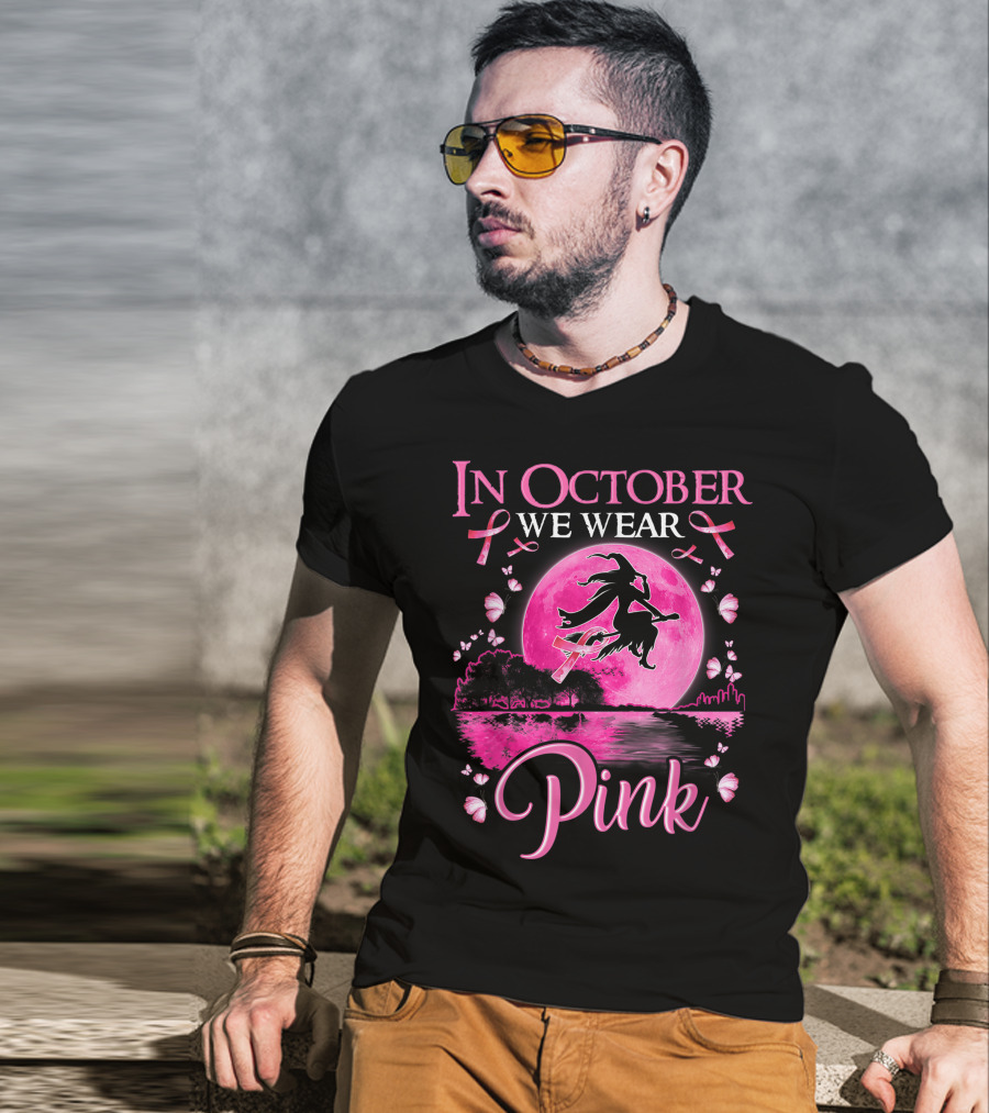 In October We Wear Pink Witch And Moon Breast Cancer Awareness T-Shirt