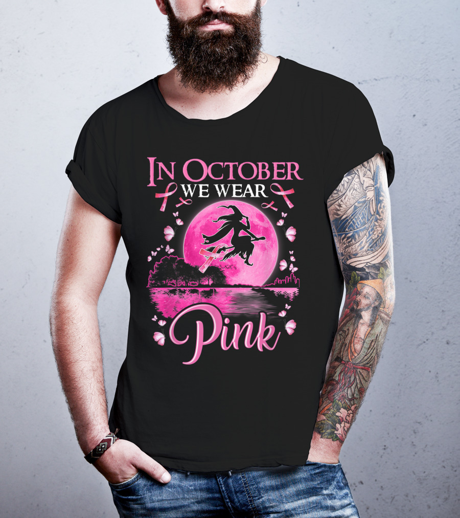 In October We Wear Pink Witch And Moon Breast Cancer Awareness T-Shirt