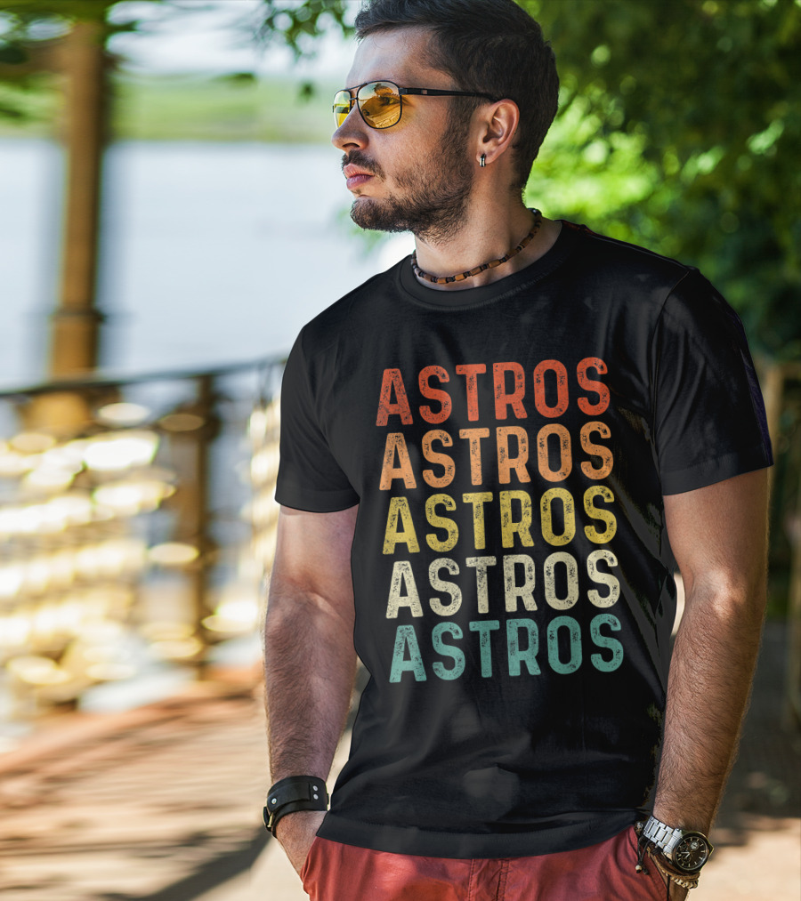 Astros Retro Multicolor Vintage Style Repeated Text T-Shirt