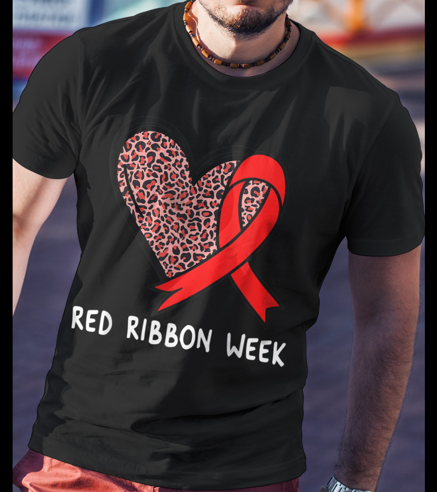 Red Ribbon Week Leopard Print Heart T-Shirt
