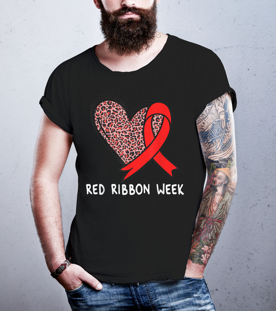 Red Ribbon Week Leopard Print Heart T-Shirt