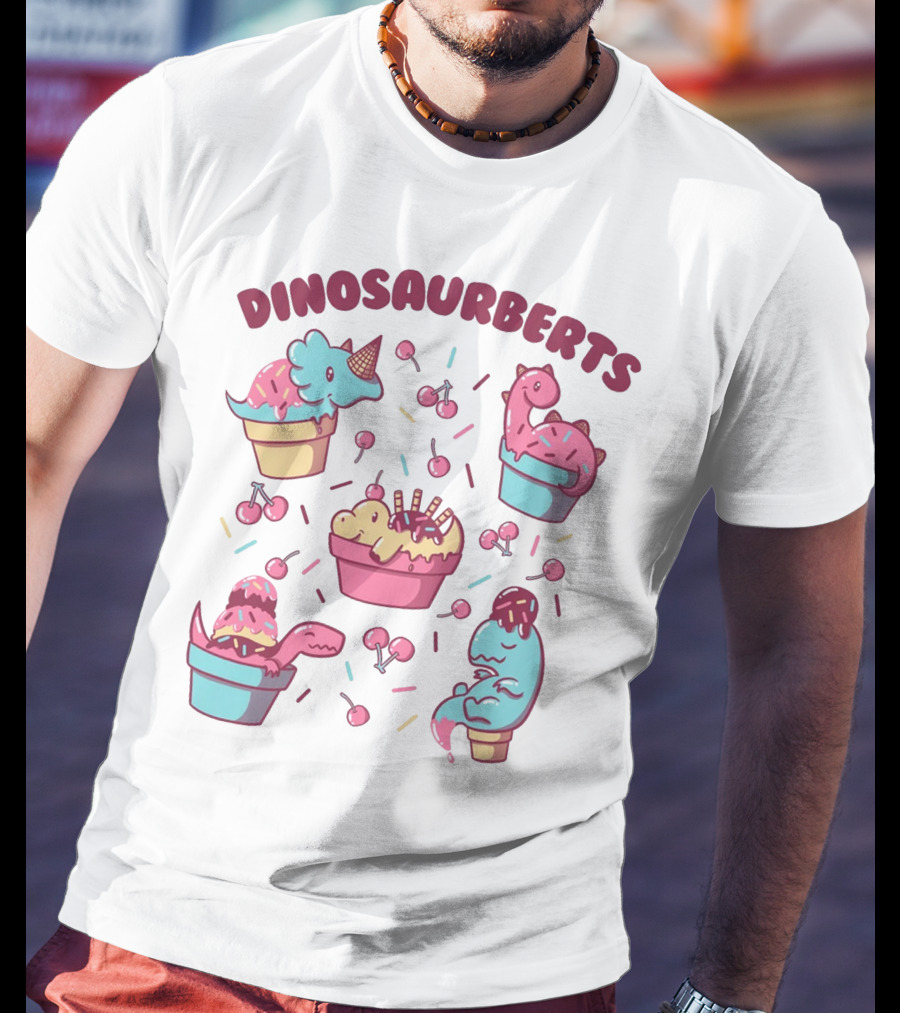 Dinosaurberts Kawaii Ice Cream And Cherries Delight T-Shirt