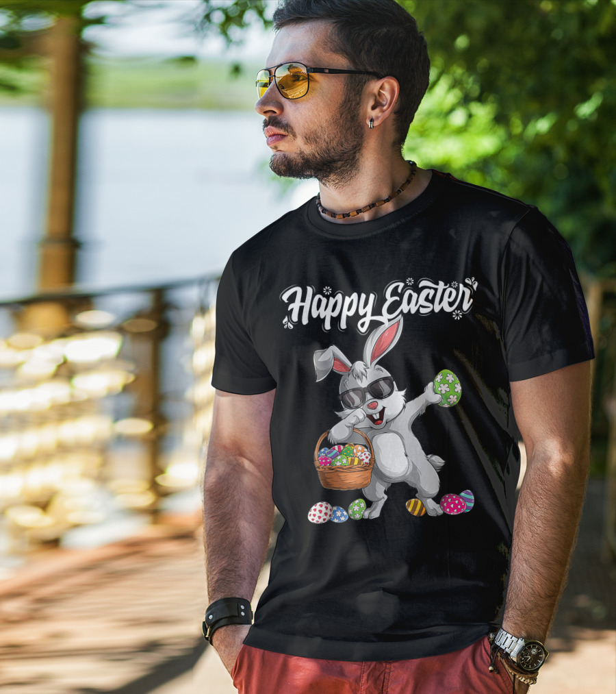 Happy Easter Dabbing Rabbit With Basket And Eggs T-Shirt