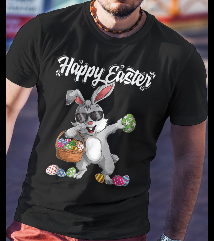 Happy Easter Dabbing Rabbit With Basket And Eggs T-Shirt