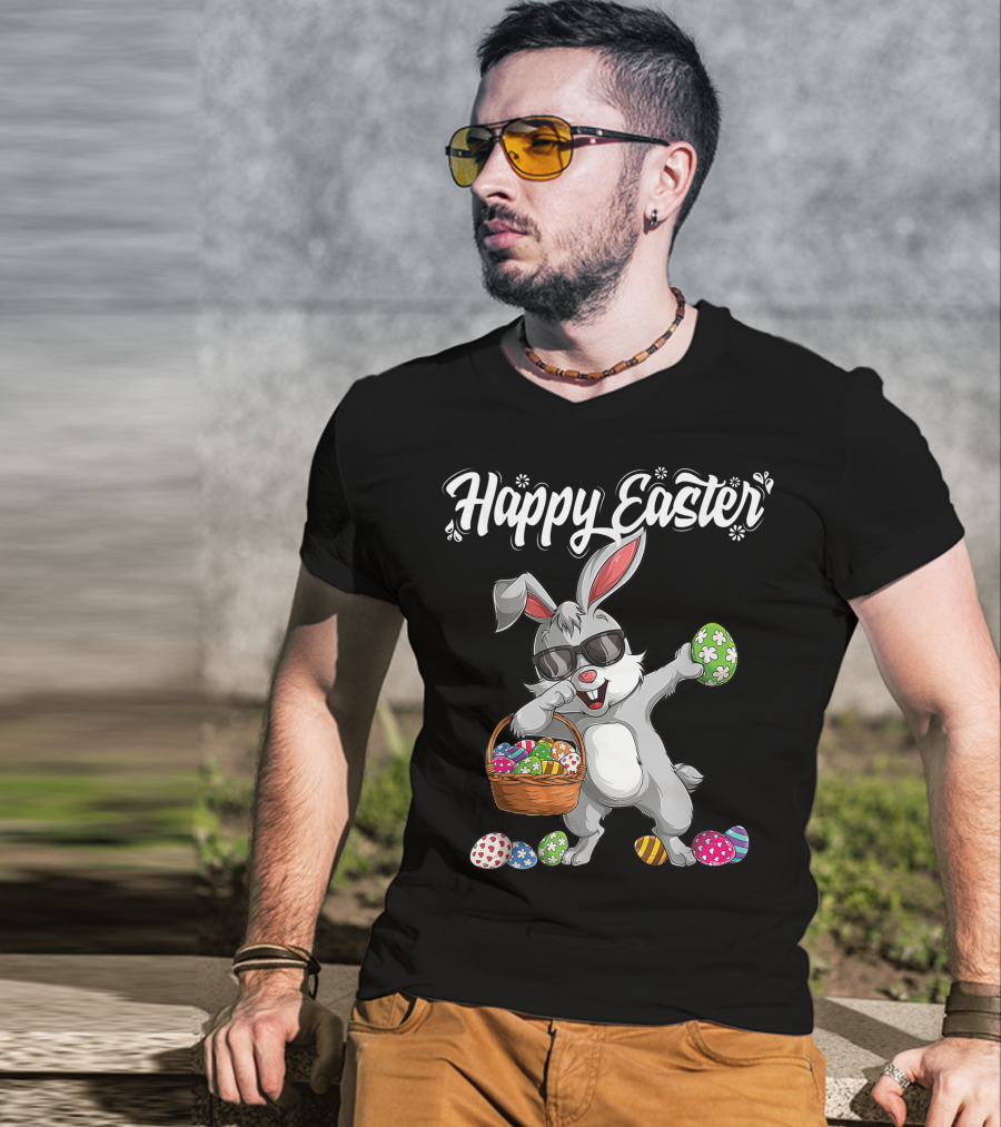 Happy Easter Dabbing Rabbit With Basket And Eggs T-Shirt