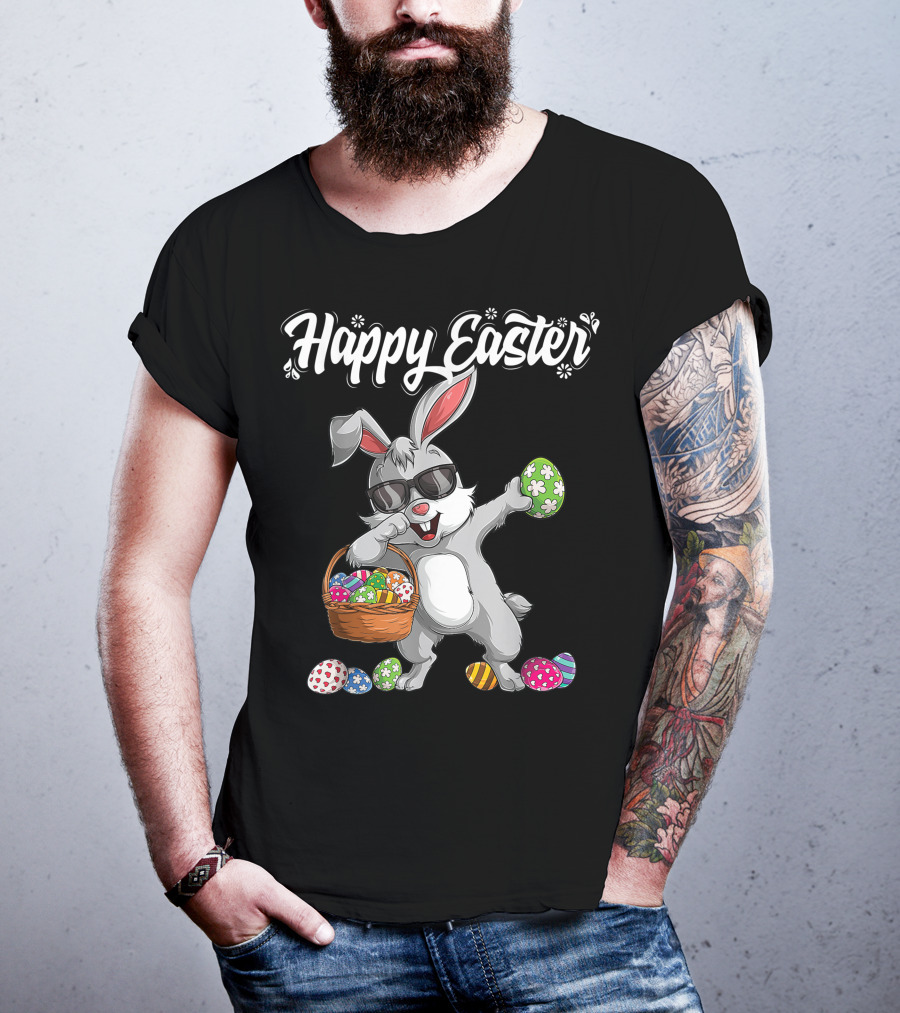 Happy Easter Dabbing Rabbit With Basket And Eggs T-Shirt