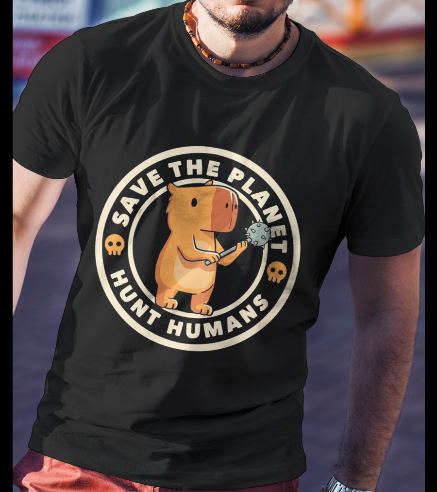 Save The Planet Hunt Humans Cute Bear With Caveman Club T-Shirt