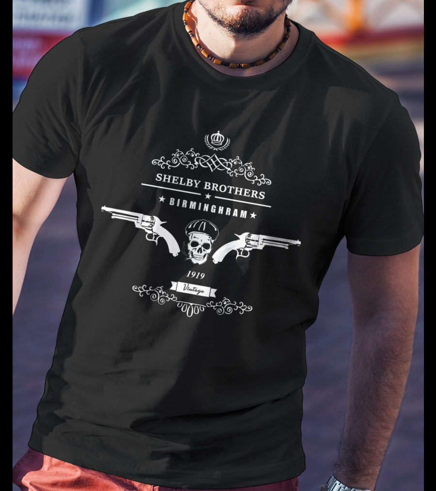 Shelby Brothers Birmingham 1919 Vintage Skull Pistols Crown Emblem T-Shirt