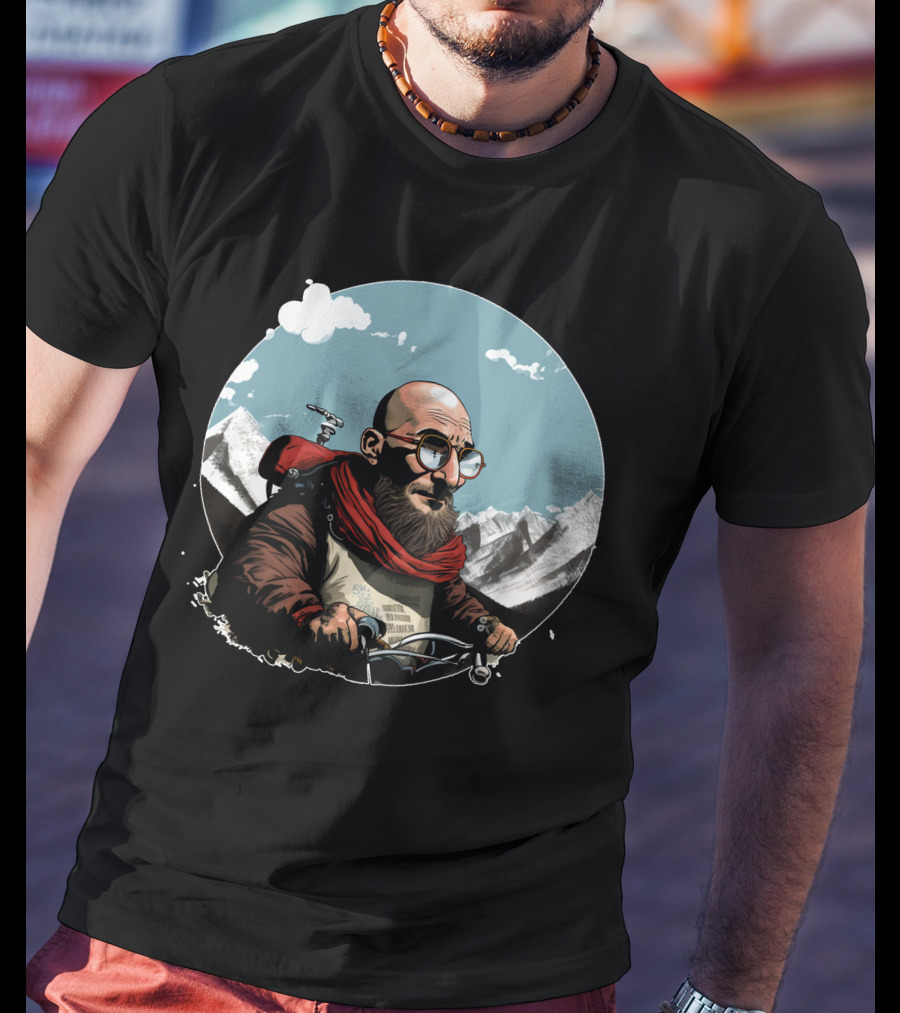 Bald Man On Motorcycle Through Mountain Landscape With Red Scarf And Glasses T-Shirt
