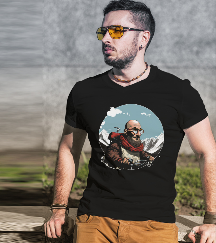 Bald Man On Motorcycle Through Mountain Landscape With Red Scarf And Glasses T-Shirt