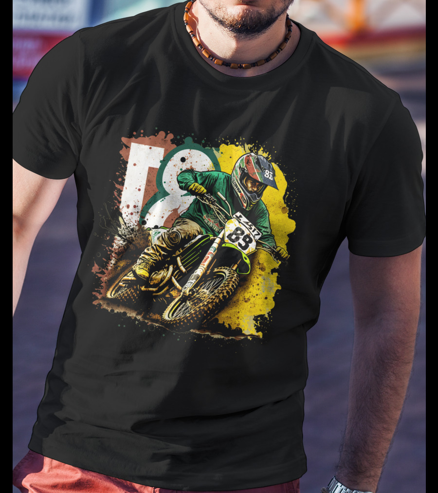Motocross Racer Dynamic Action With Number 83 And Splatter Background T-Shirt