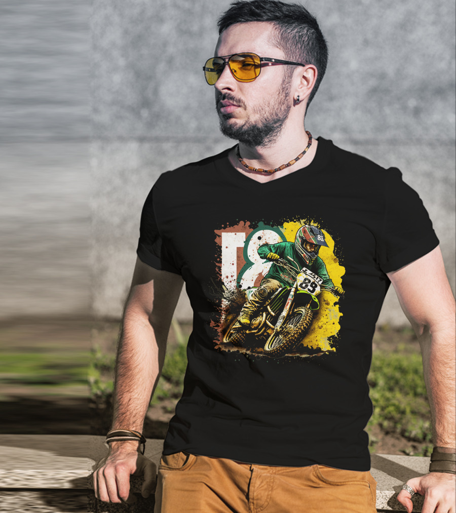 Motocross Racer Dynamic Action With Number 83 And Splatter Background T-Shirt