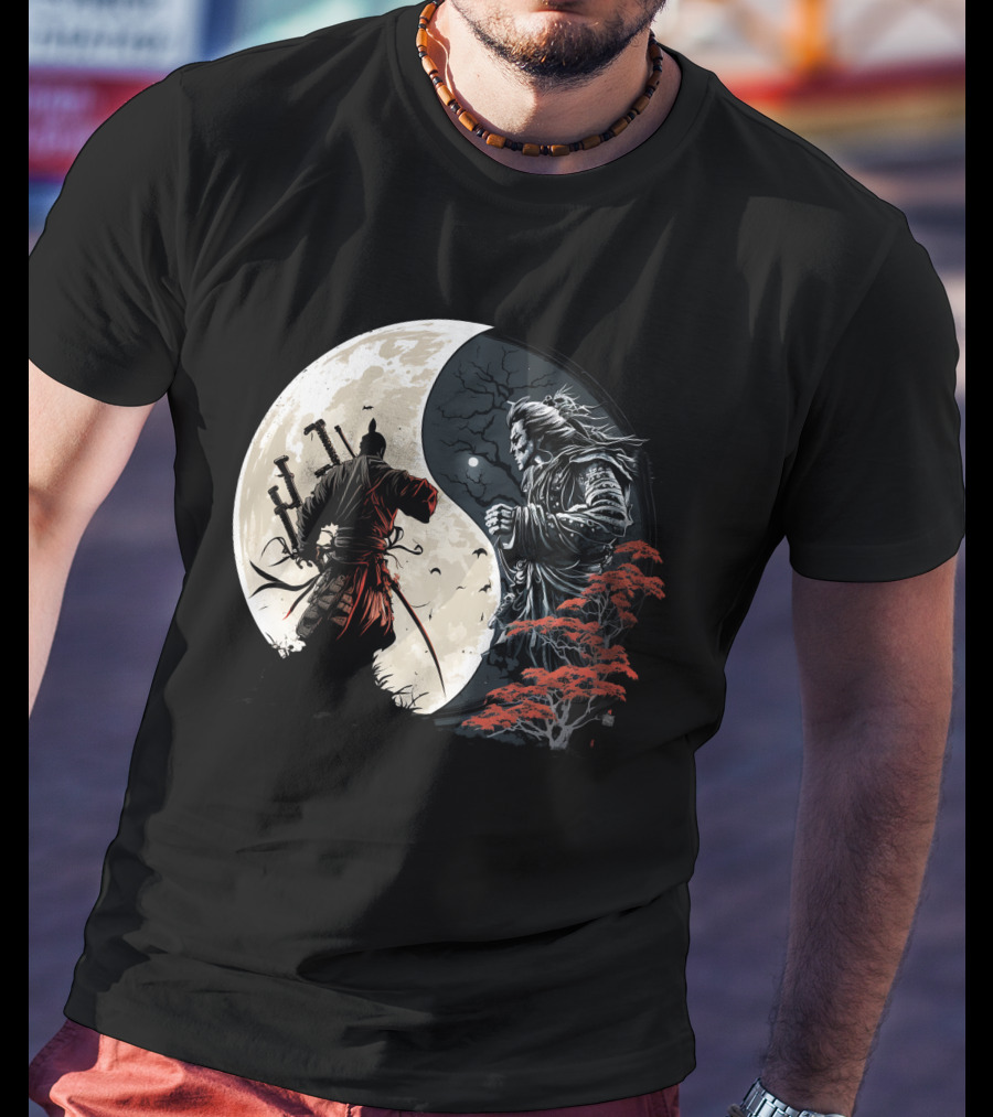 Crescent Moonlight Samurai Yin Yang Duality Forest T-Shirt