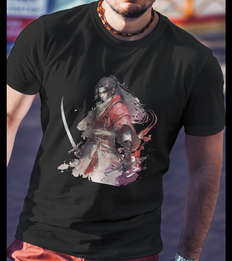 Samurai Blade Warrior In Red Robes With Dual Katanas And Flowing Hair T-Shirt