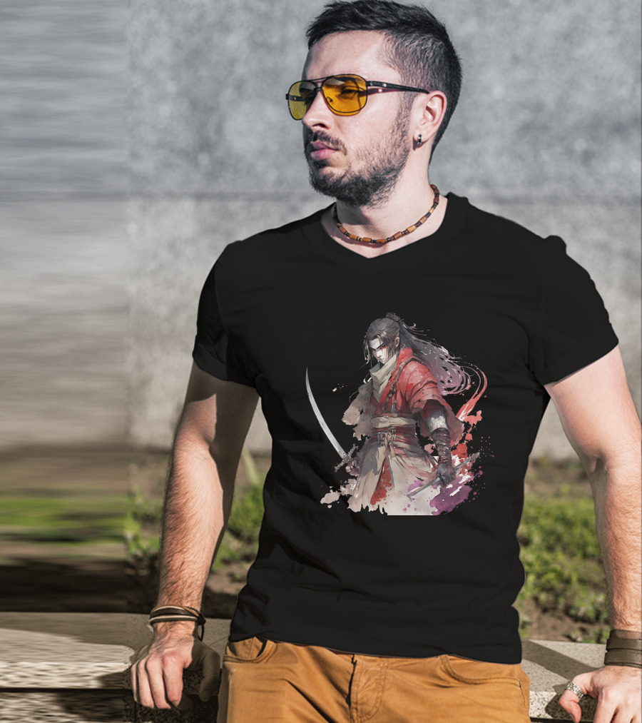 Samurai Blade Warrior In Red Robes With Dual Katanas And Flowing Hair T-Shirt