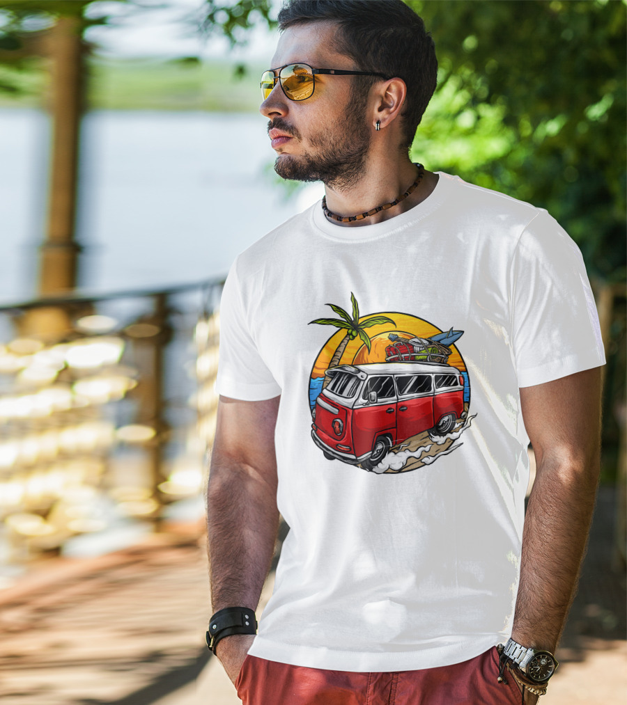 Holiday Vintage Car With Sunset Surfboard And Palm Tree Beach Scene T-Shirt