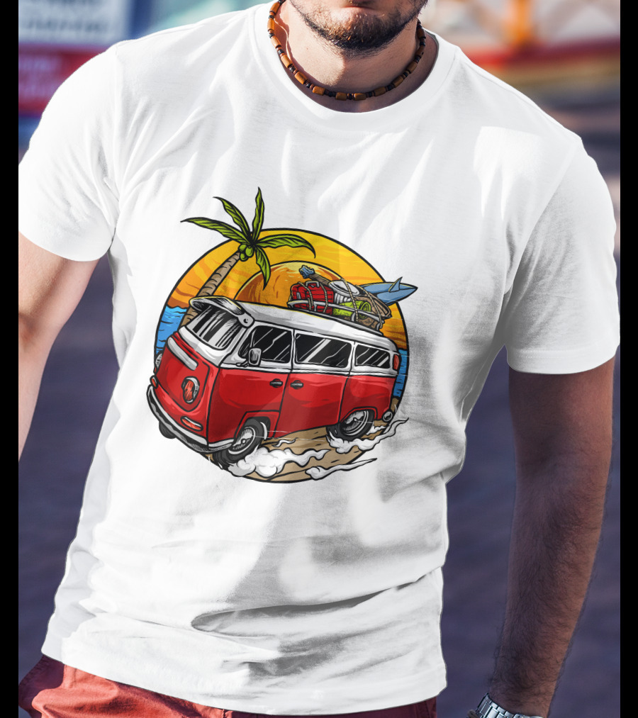 Holiday Vintage Car With Sunset Surfboard And Palm Tree Beach Scene T-Shirt