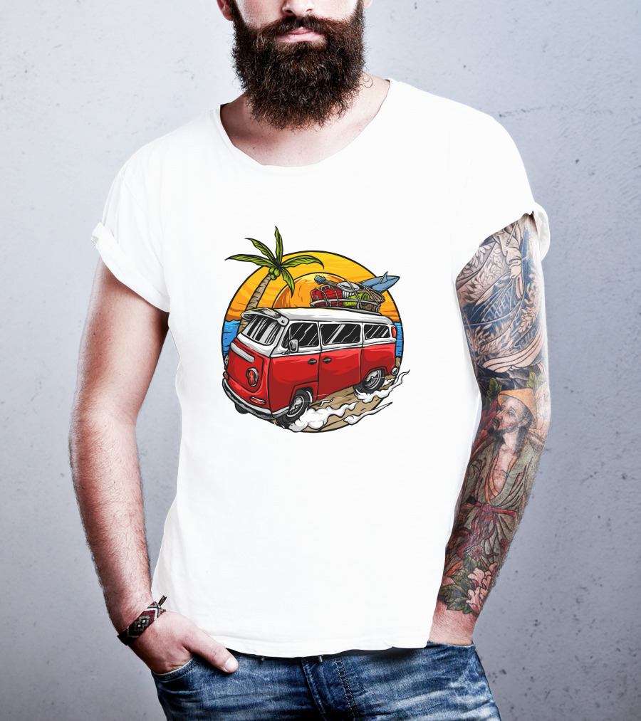 Holiday Vintage Car With Sunset Surfboard And Palm Tree Beach Scene T-Shirt