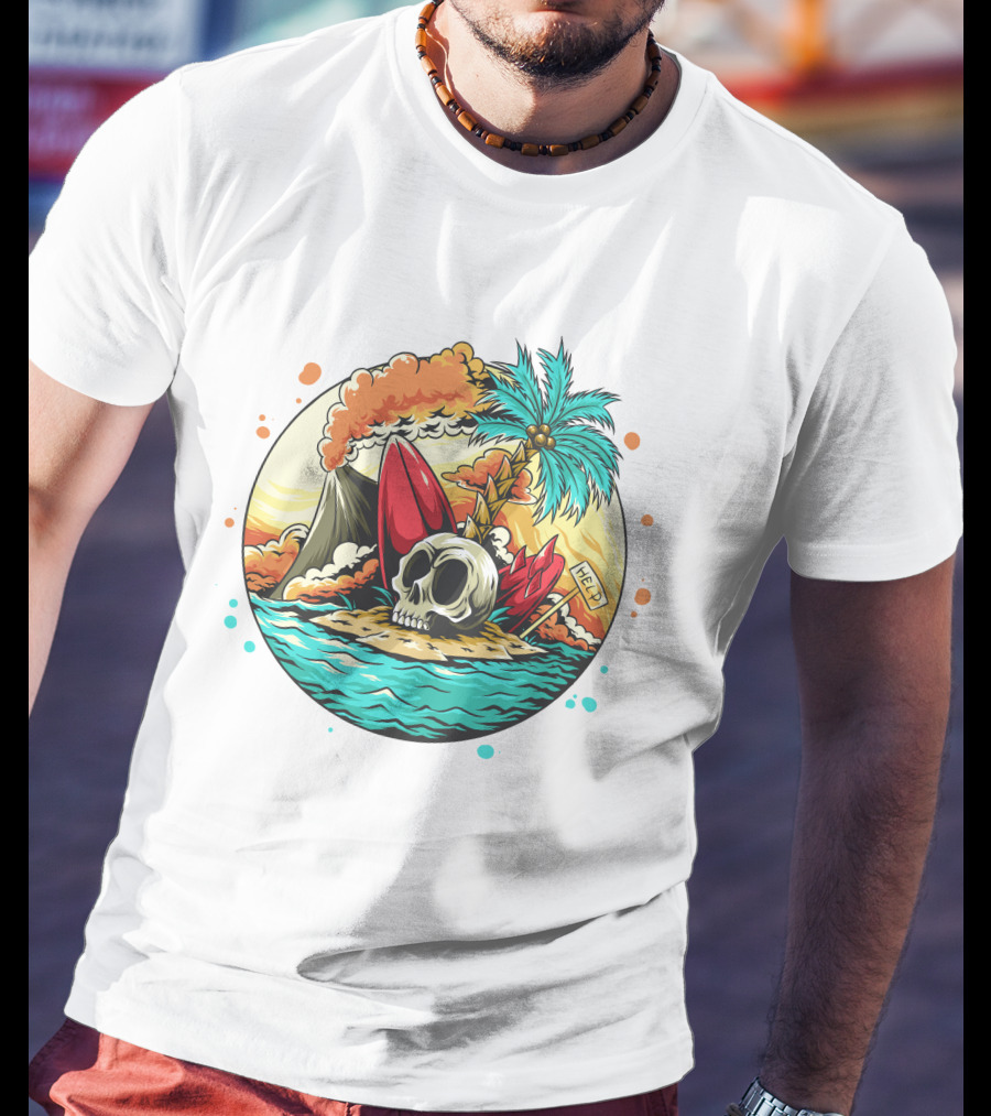 Summer Skull Island Paradise With Palm And Volcano T-Shirt