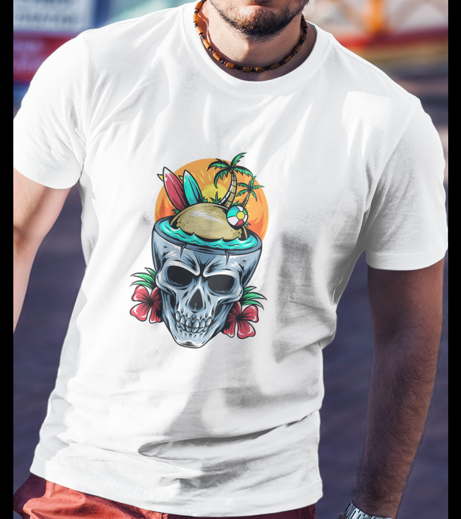 Summer Skull With Surfboards And Tropical Island T-Shirt
