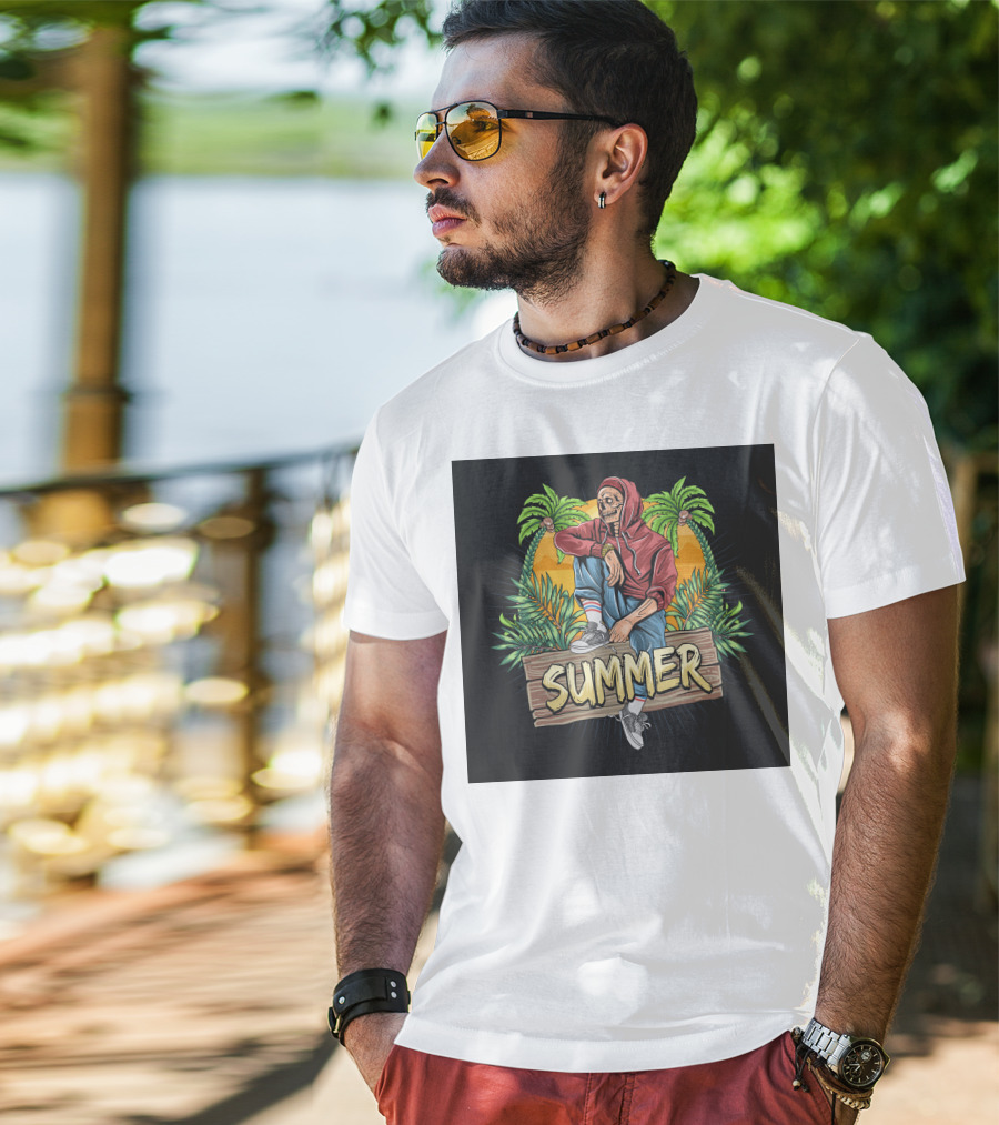Skull Zombie Summer Tropical Vibes With Palm Trees And Sunset T-Shirt