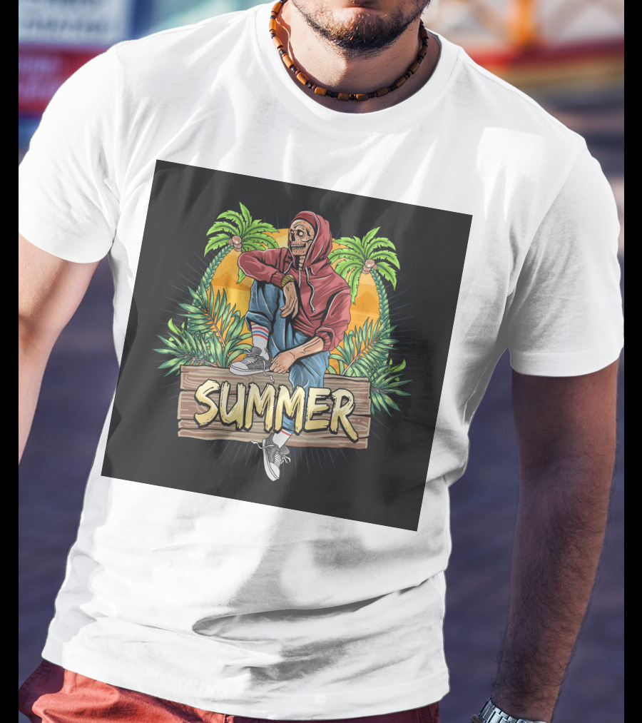 Skull Zombie Summer Tropical Vibes With Palm Trees And Sunset T-Shirt