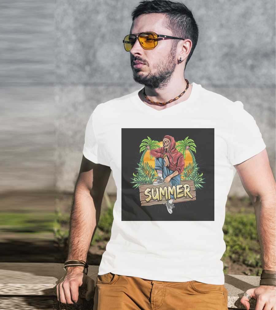 Skull Zombie Summer Tropical Vibes With Palm Trees And Sunset T-Shirt