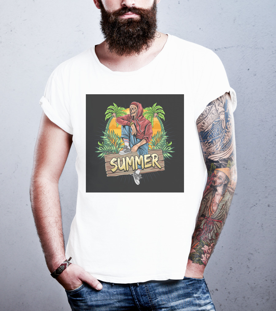 Skull Zombie Summer Tropical Vibes With Palm Trees And Sunset T-Shirt