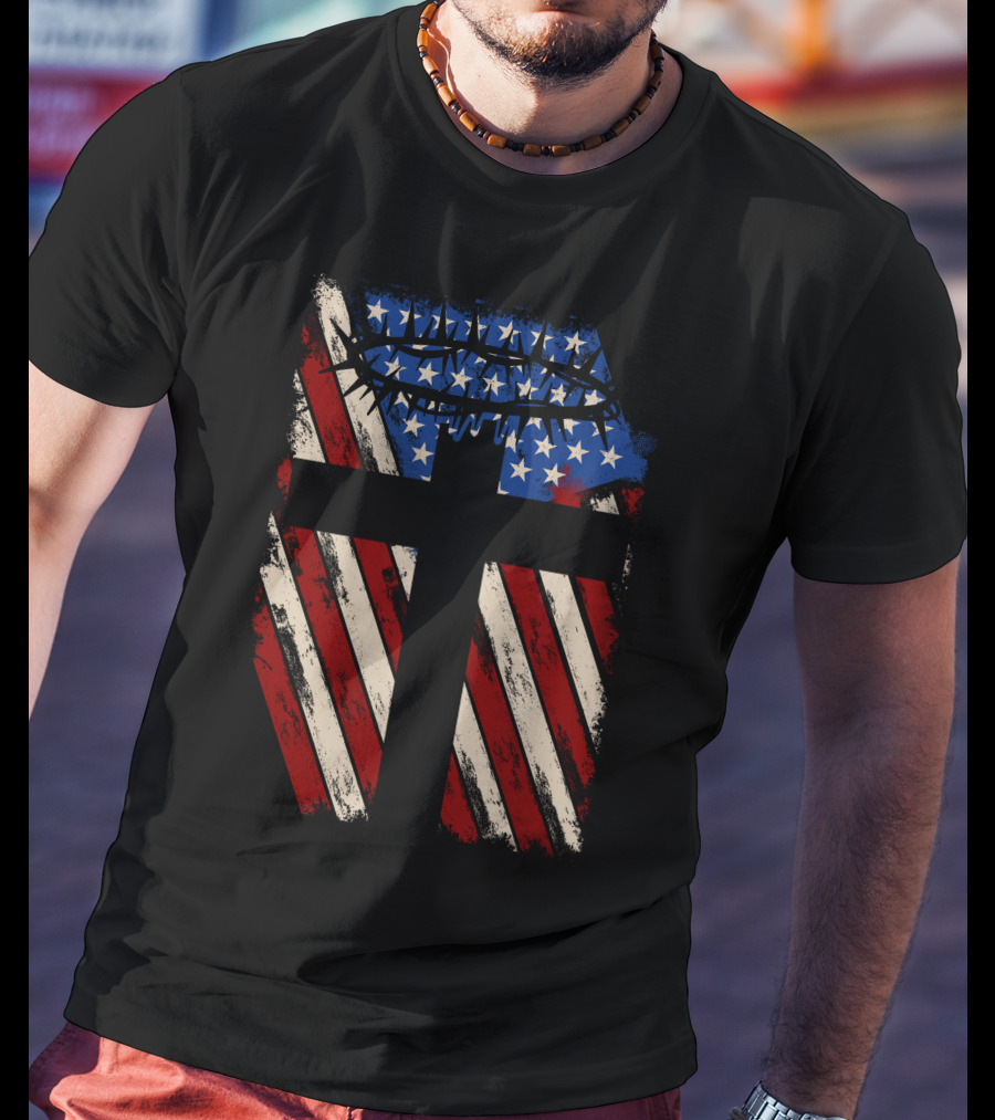 God Protect America American Flag Cross With Crown Of Thorns T-Shirt