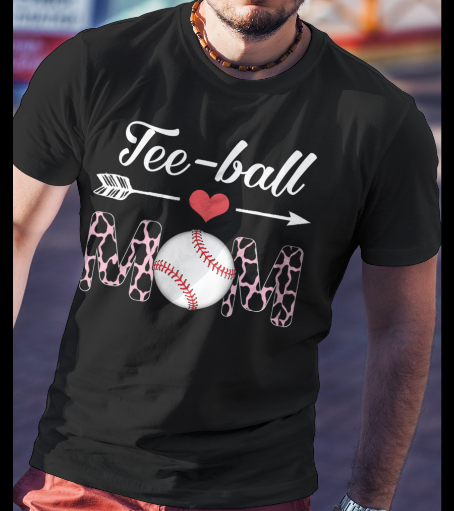 Tee-Ball Mom Heart Arrow Baseball Cow Print T-Shirt
