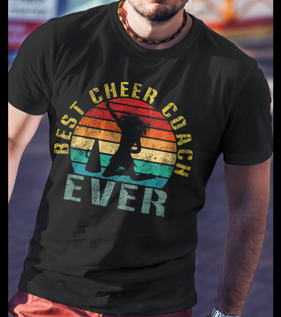 Best Cheer Coach Ever Vintage Silhouette With Megaphone And Sunset Stripes T-Shirt