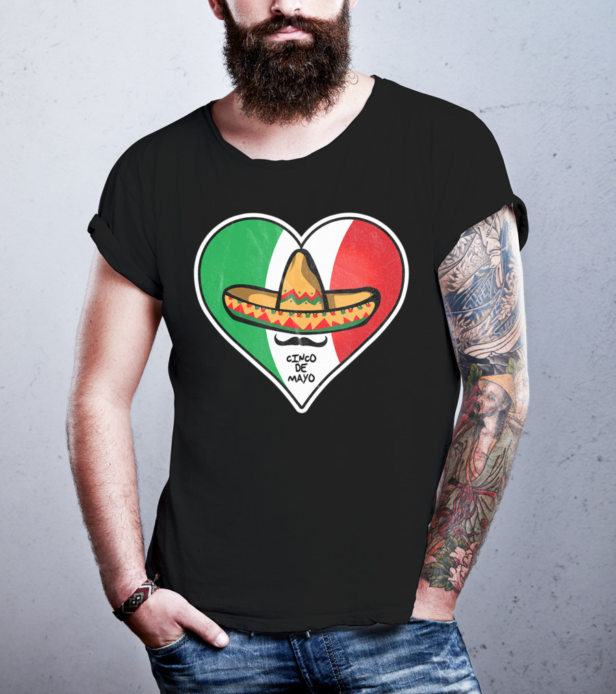 Cinco De Mayo Vintage Sombrero Heart Mexican Flag T-Shirt