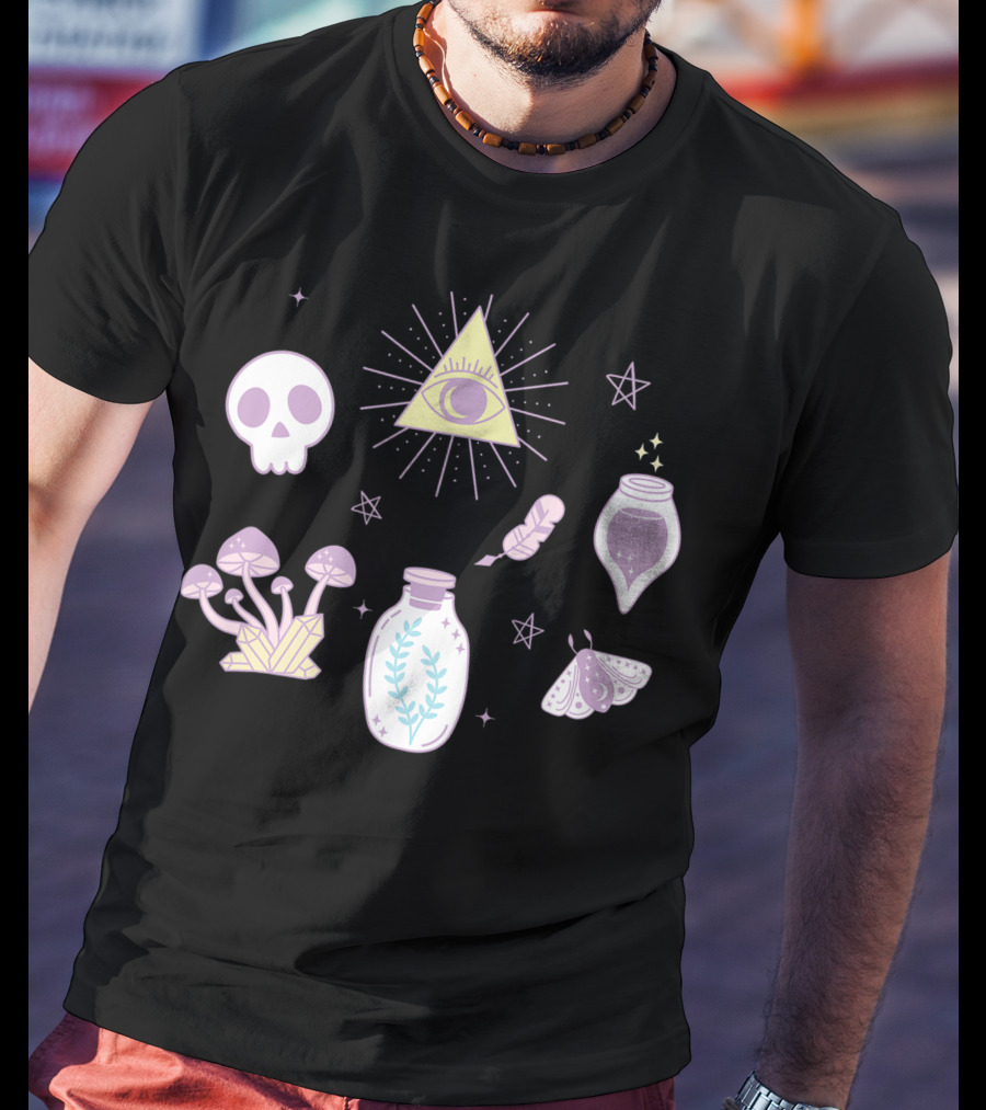 Cute Creepy Pastel Kawaii Goth Witch Aesthetic With Skull Pyramid Mushrooms And Potion Elements T-Shirt
