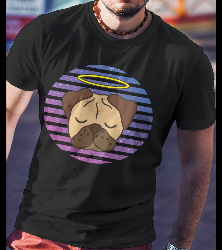 Cute Pug Halo Retro Stripes T-Shirt