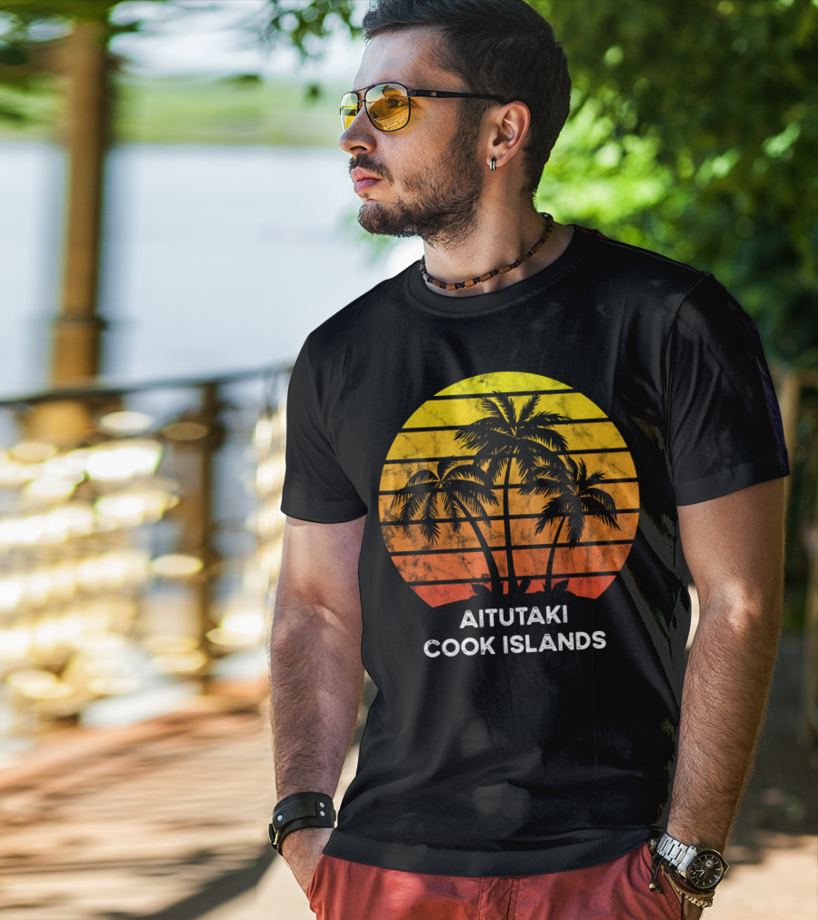 Aitutaki Cook Islands Sunset Palm Tree Vacation Beach Scene T-Shirt