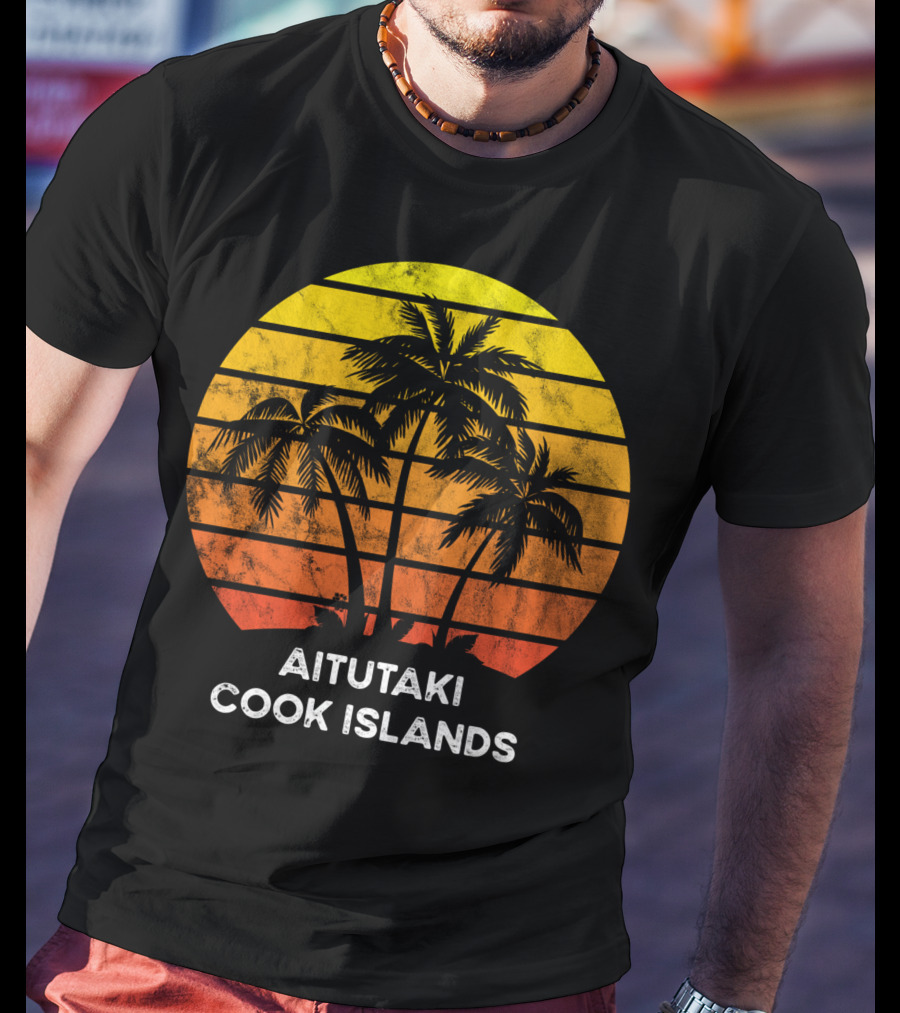Aitutaki Cook Islands Sunset Palm Tree Vacation Beach Scene T-Shirt