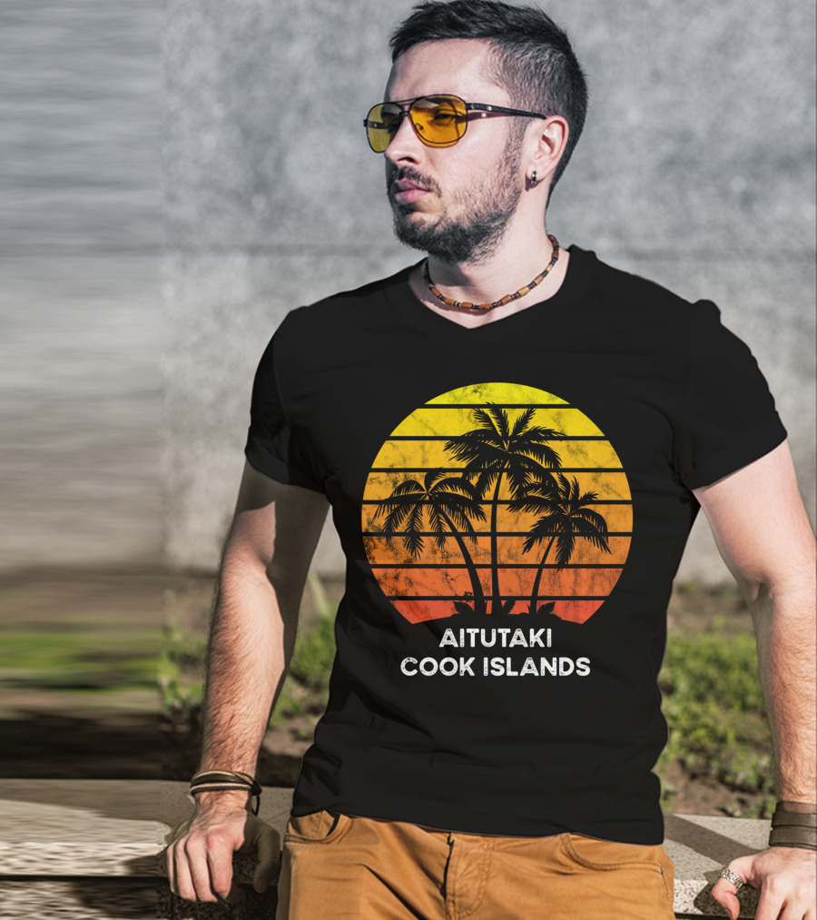Aitutaki Cook Islands Sunset Palm Tree Vacation Beach Scene T-Shirt