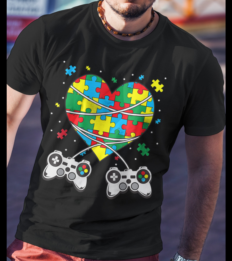 Boys Autism Awareness Month Puzzle Heart Video Game Controllers T-Shirt