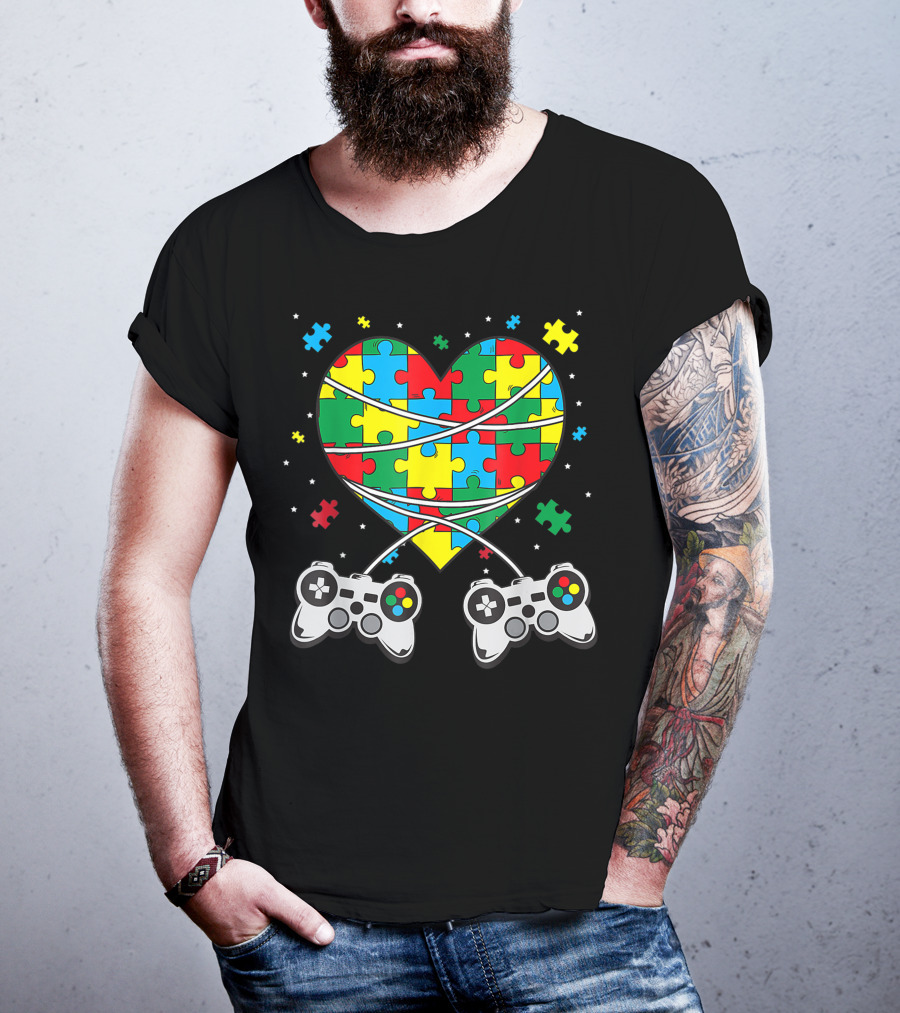 Boys Autism Awareness Month Puzzle Heart Video Game Controllers T-Shirt