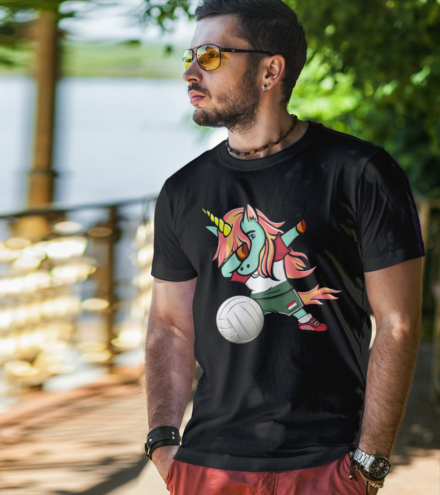 Dabbing Unicorn Hungarian Volleyball Lovers With Flag Jersey T-Shirt