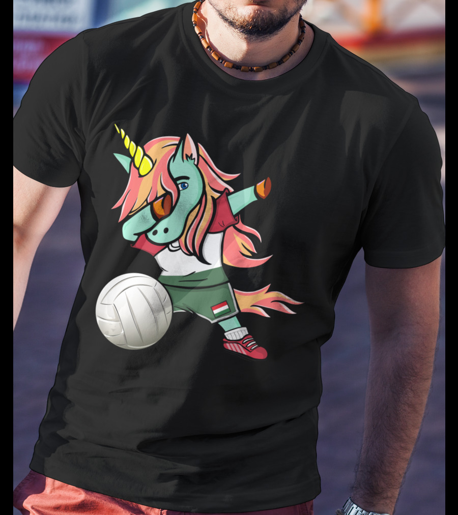 Dabbing Unicorn Hungarian Volleyball Lovers With Flag Jersey T-Shirt