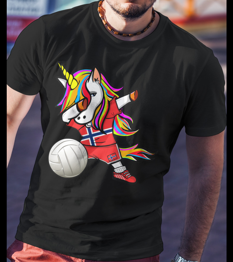 Dabbing Unicorn Norway Volleyball Fans Norwegian Flag Rainbow Jersey T-Shirt