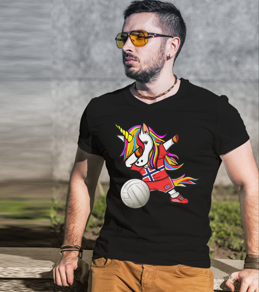 Dabbing Unicorn Norway Volleyball Fans Norwegian Flag Rainbow Jersey T-Shirt