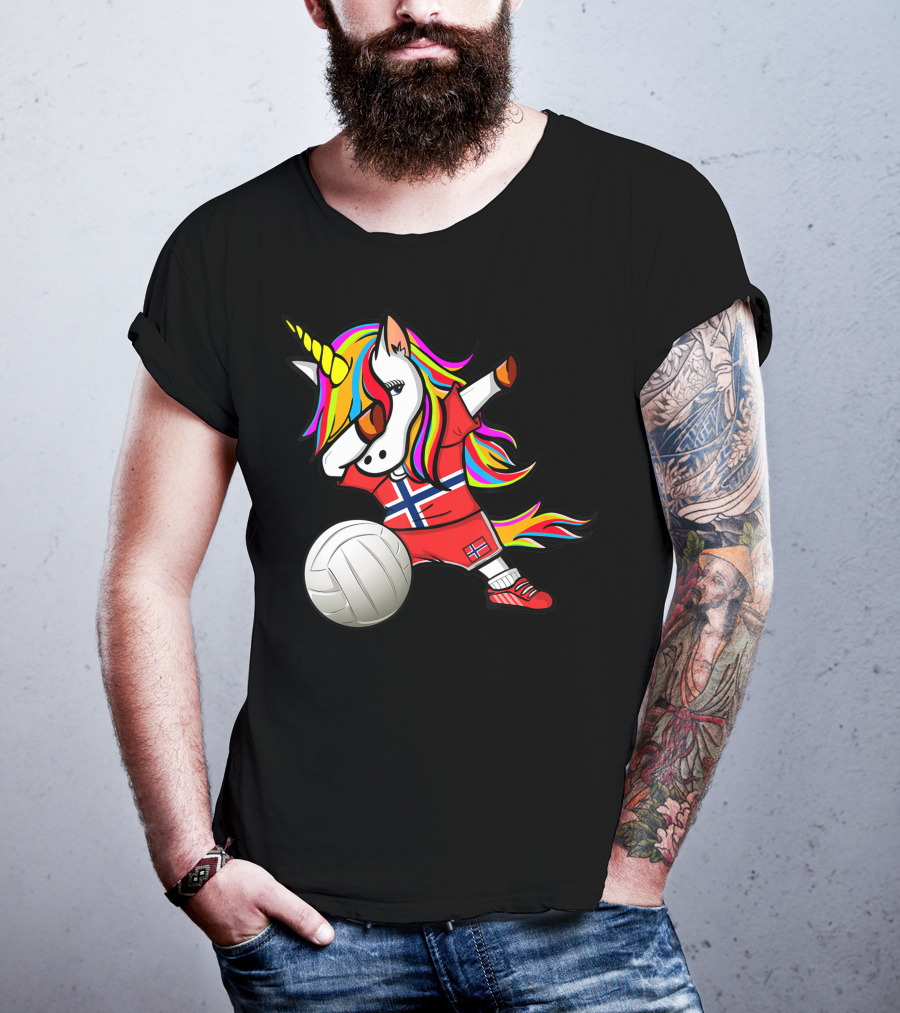 Dabbing Unicorn Norway Volleyball Fans Norwegian Flag Rainbow Jersey T-Shirt