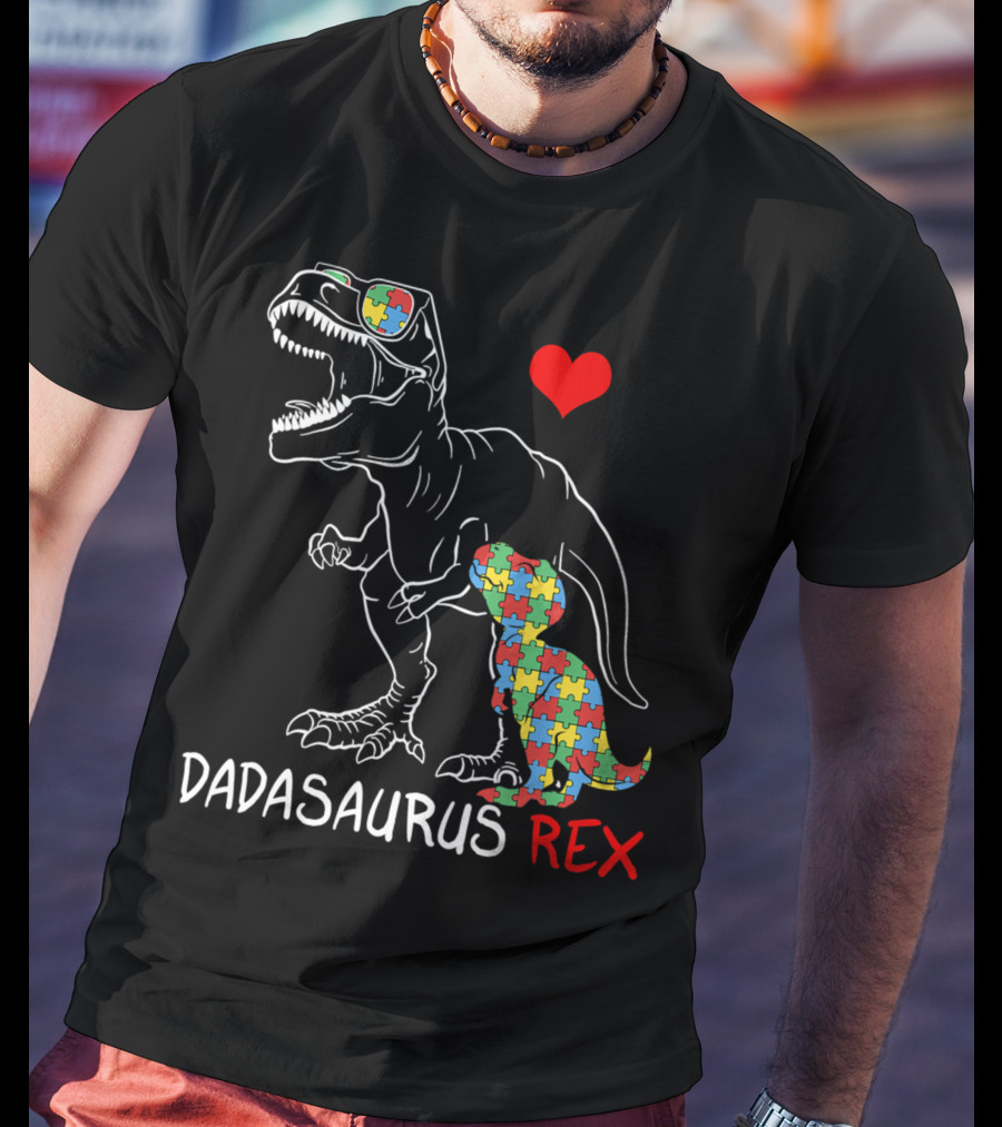 Dadasaurus Rex Heart Puzzle Autism Awareness Daddy T-Shirt