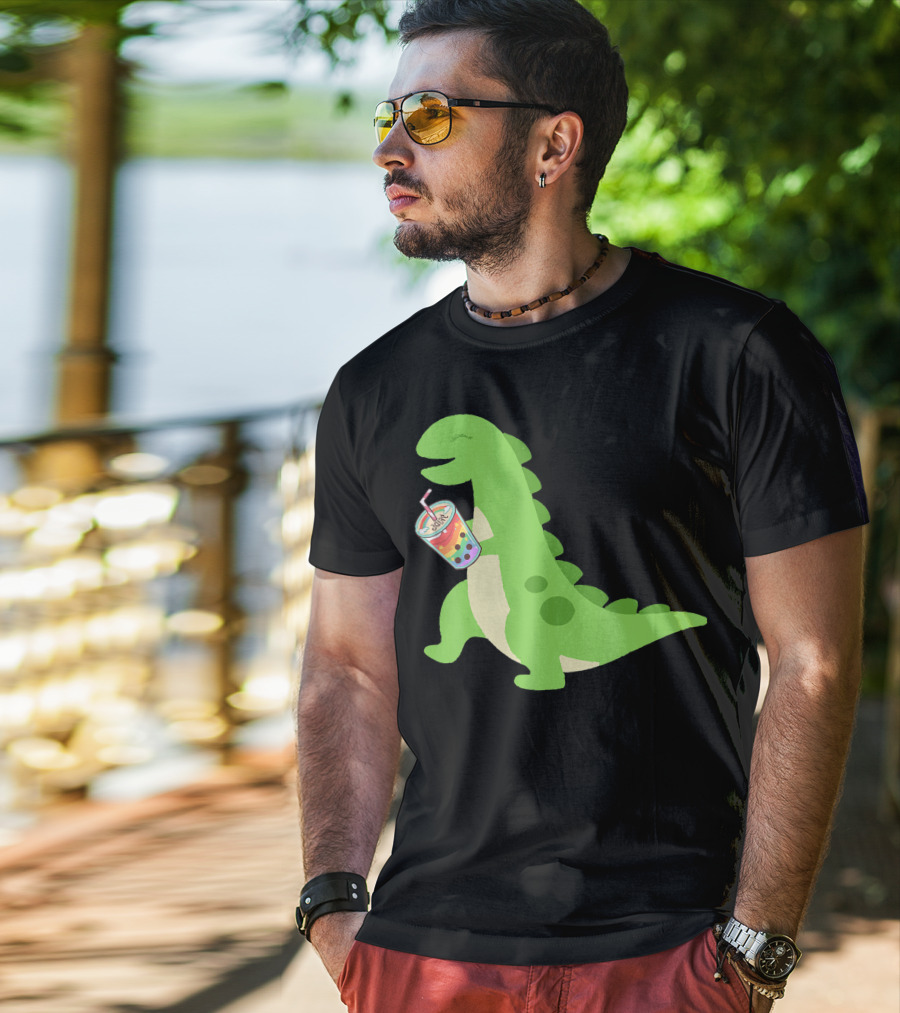 Dino Drinking Bubble Tea With Colorful Boba T-Shirt