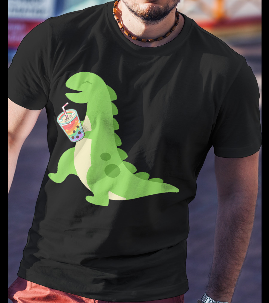 Dino Drinking Bubble Tea With Colorful Boba T-Shirt